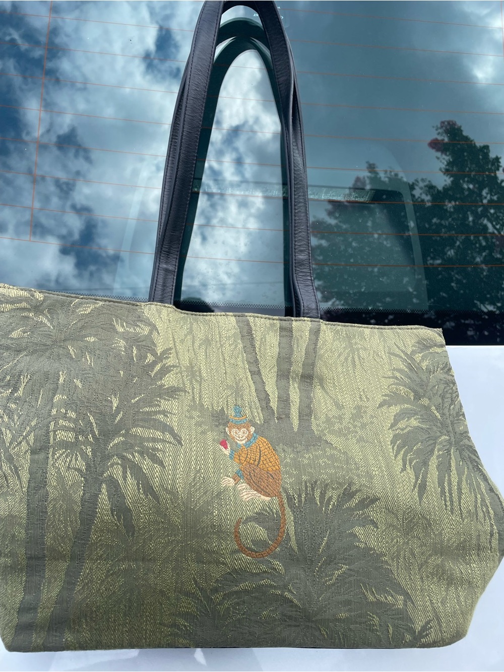 Olive Green Jacquard Tote with Embroidered Monkey and Black Handles